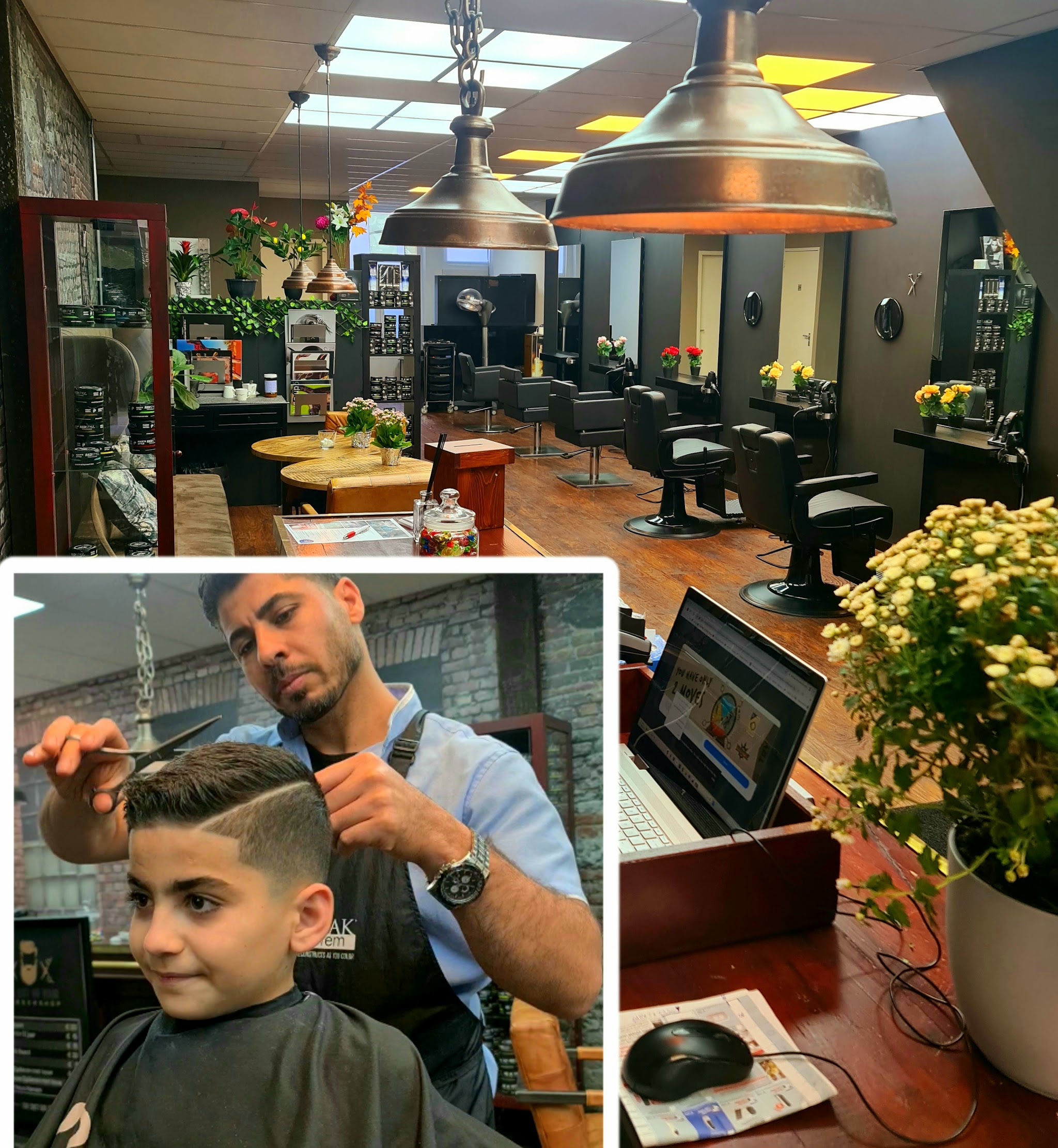 Barber knipt een jonge klant, met de salon op de achtergrond